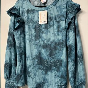Lularoe Brielle - Blue Tie-Dye Women's Top with Ruffle Shoulder